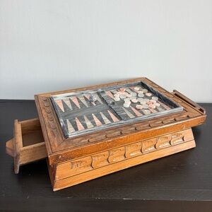 Vintage | Hand-Carved Wooden & Marble Stone Backgammon Game Set Storage Drawers